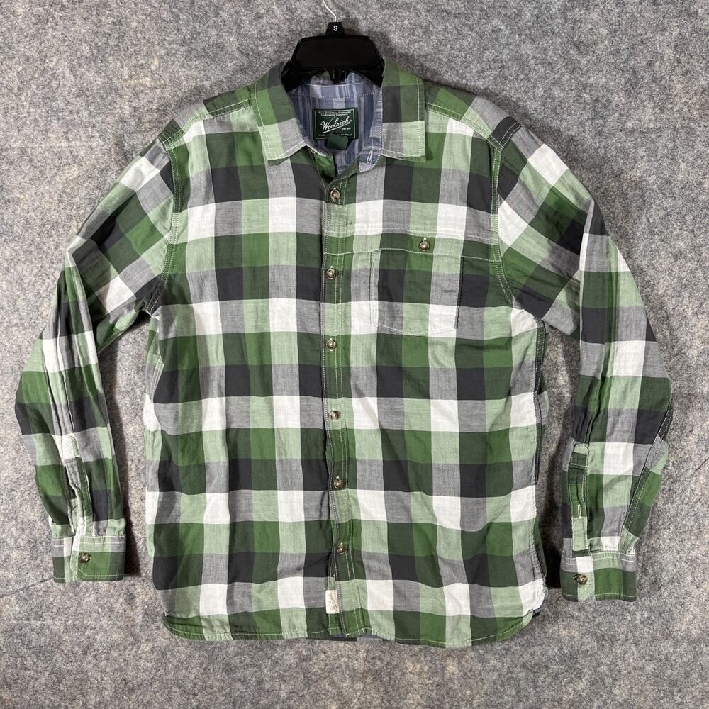 Vintage Woolrich Men’s Flannel Shirt LG White / Green Rugged Button‎ Cotton